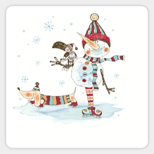 Watercolor Snowman and Dachshund Sticker